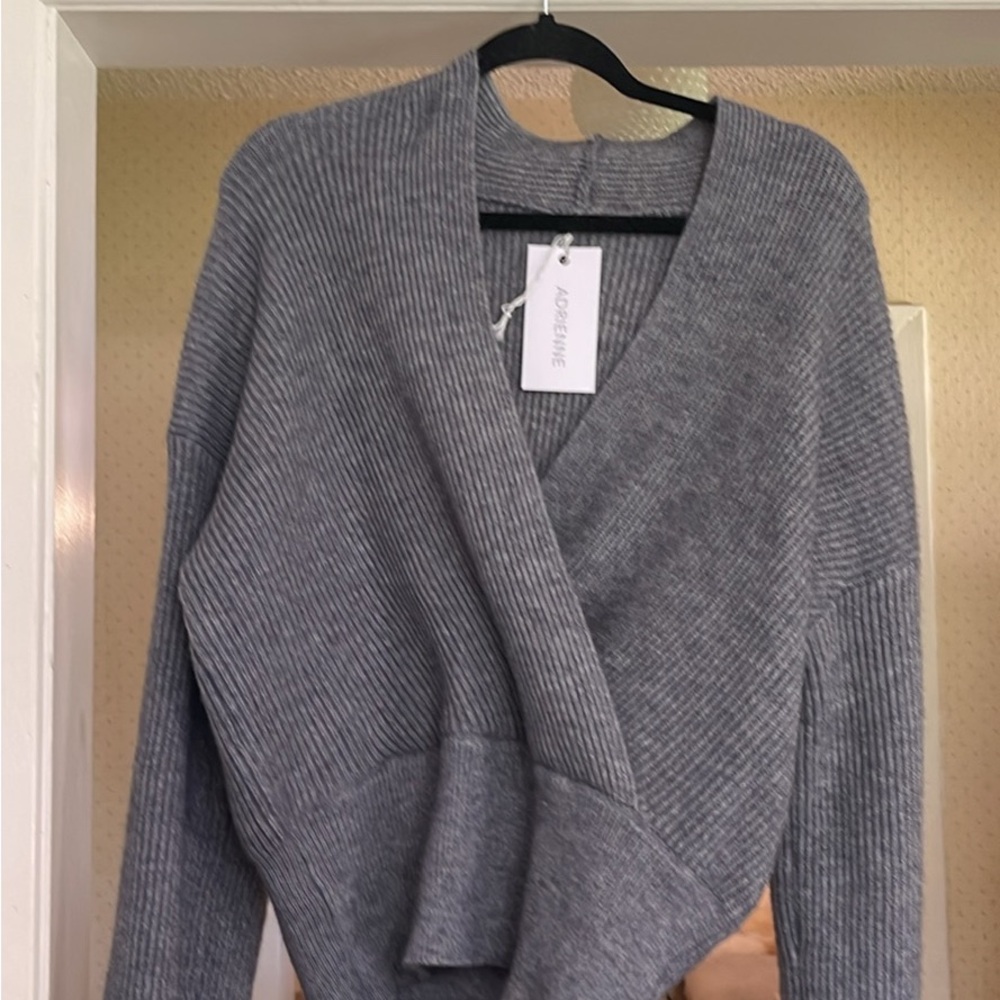 Adrienne Gray Ribbed Wrap V-Neck Sweater
